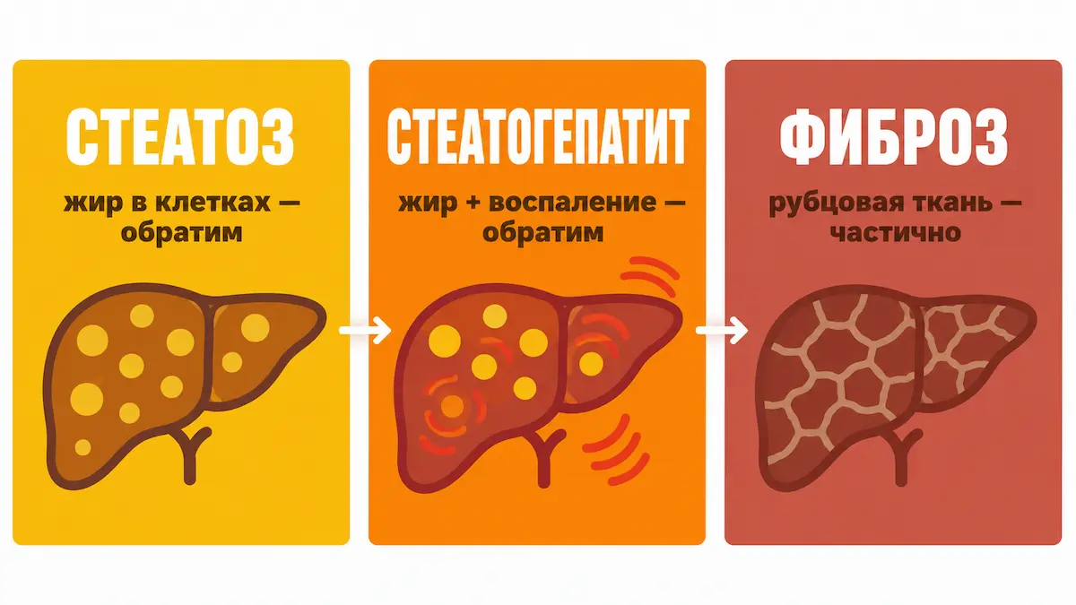 Стадии жировой болезни печени Три стадии: стеатоз, стеатогепатит, фиброз печени — схема развития