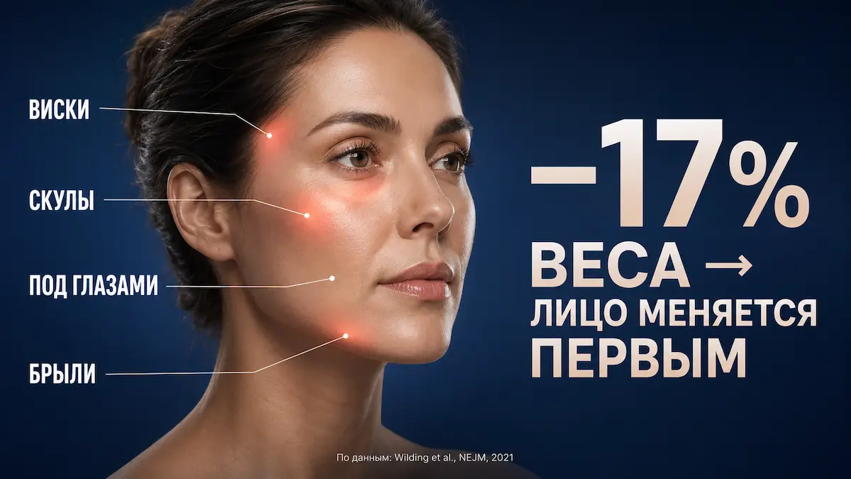 зоны лица, которые страдают при Ozempic face: виски, скулы, брыли, носогубные складки