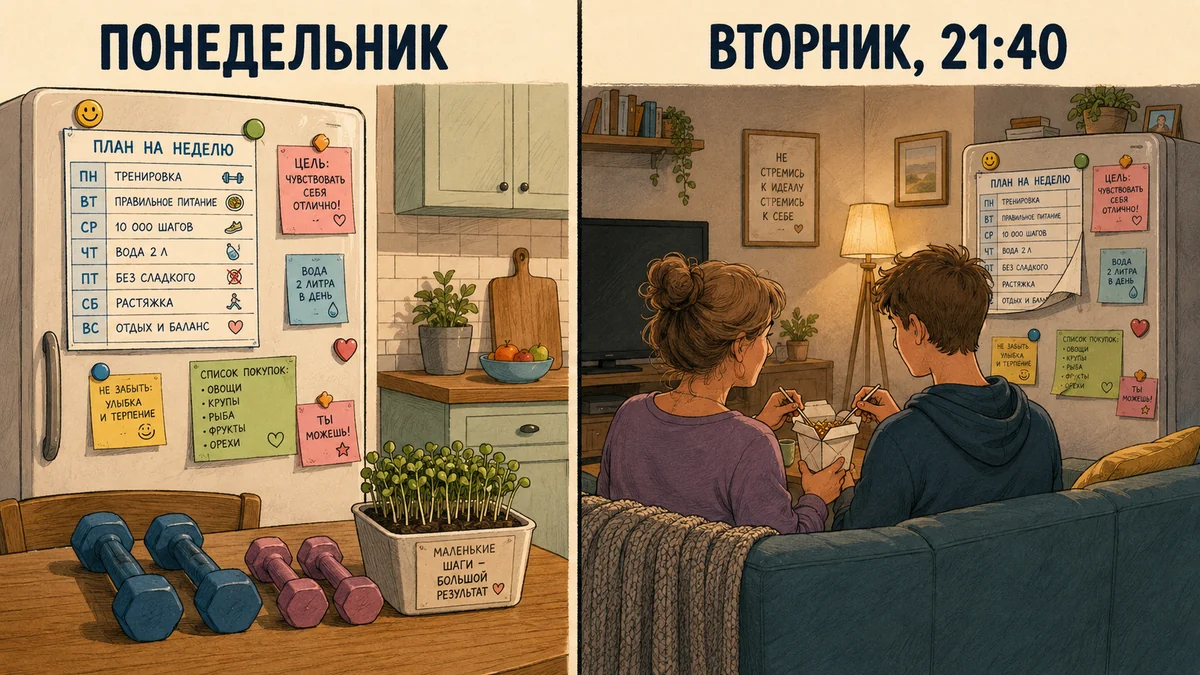 Смешная иллюстрация: план родителей на понедельник и реальность вечера вторника