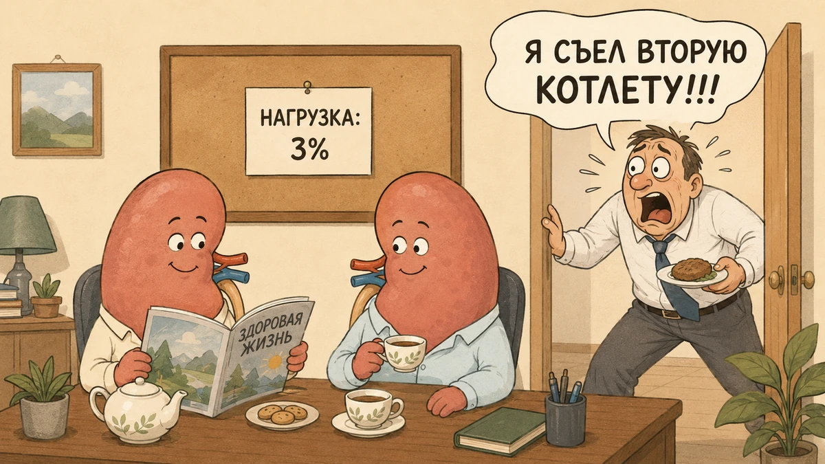 Юмористический рисунок: спокойные почки в офисе и паникующий мужчина со второй котлетой