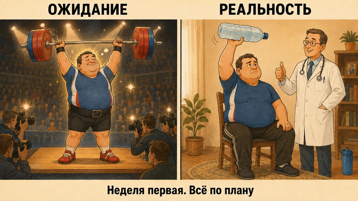 Неделя первая, всё по плану Ожидание и реальность первой силовой тренировки новичка