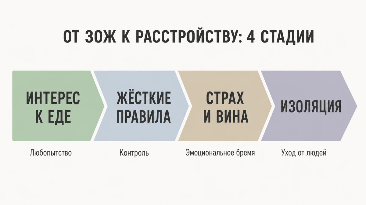От ЗОЖ к расстройству: 4 стадии схема: четыре стадии превращения здорового питания в орторексию