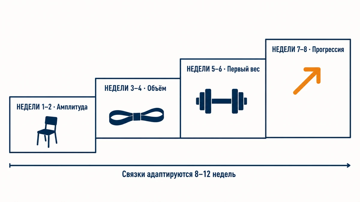 Лестница прогрессии для начинающих Схема прогрессии нагрузки при большом весе: от стула к гантелям за 8 недель