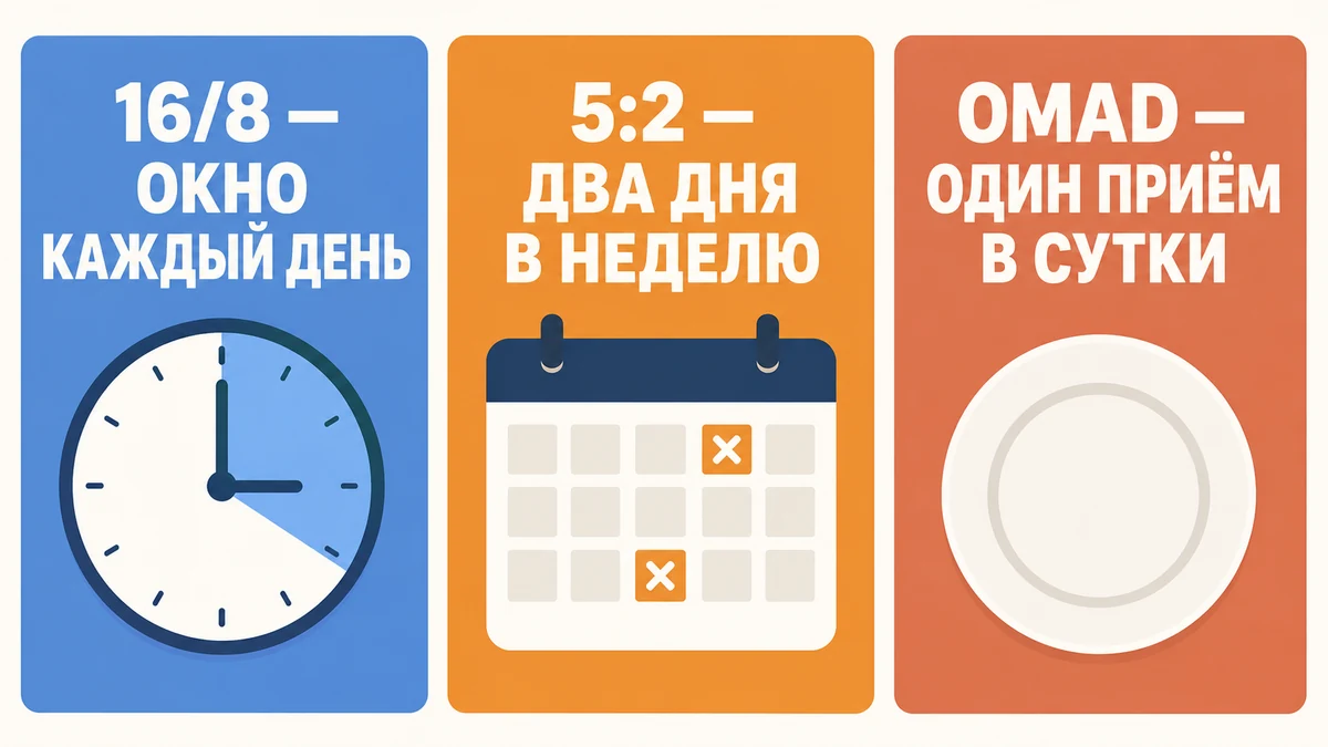 Интервальное голодание 16 8, 5:2 и OMAD: сравнение трёх схем