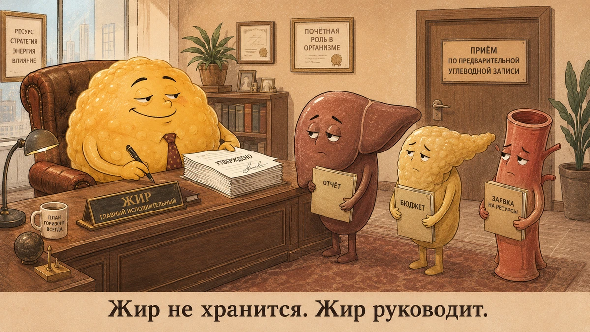 Юмористическая иллюстрация: висцеральный жир как начальник, органы в очереди на приём