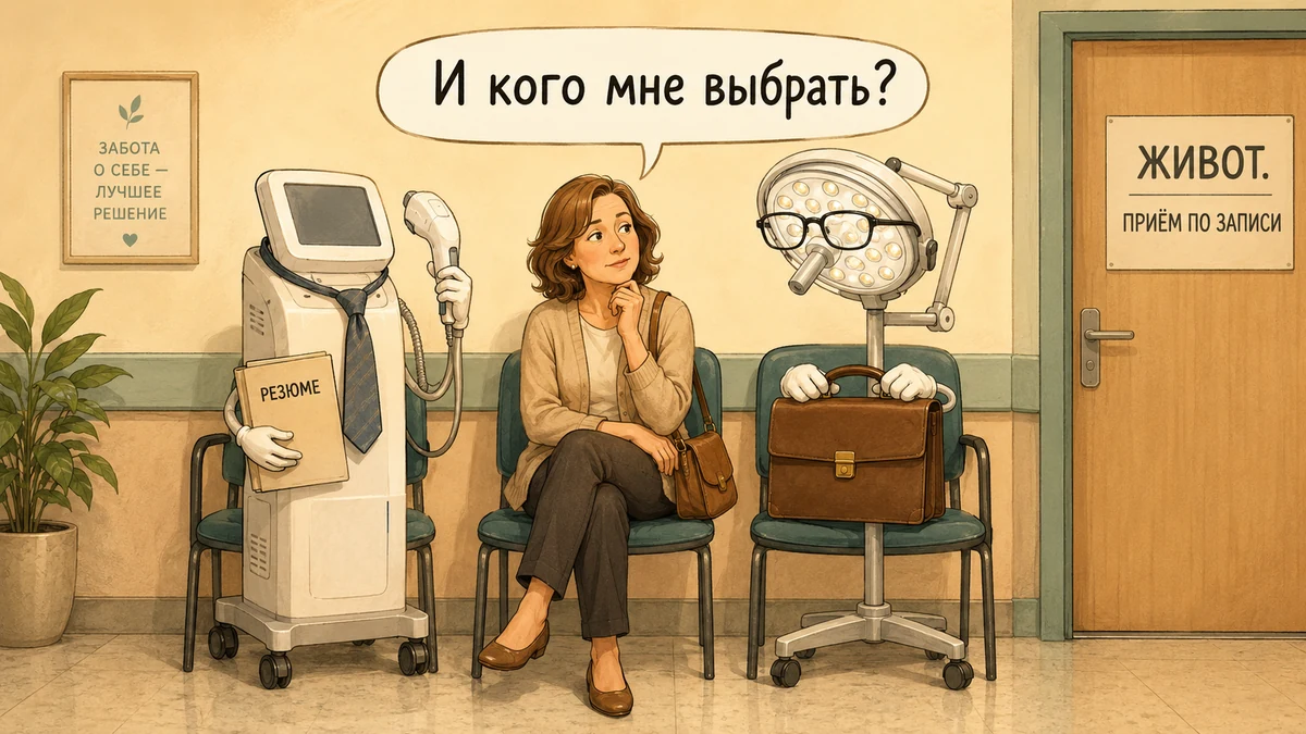 Кого выбрать Иллюстрация: пациентка выбирает между аппаратной процедурой и операцией
