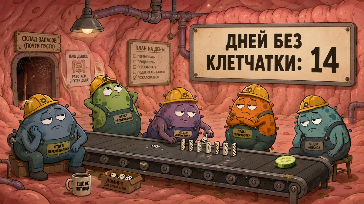 иллюстрация: кишечные бактерии на смене ждут поставку клетчатки