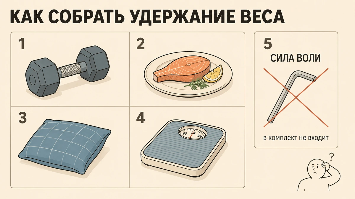 Инструкция по сборке: удержание веса Юмористическая иллюстрация: инструкция по сборке удержания веса после отмены укола