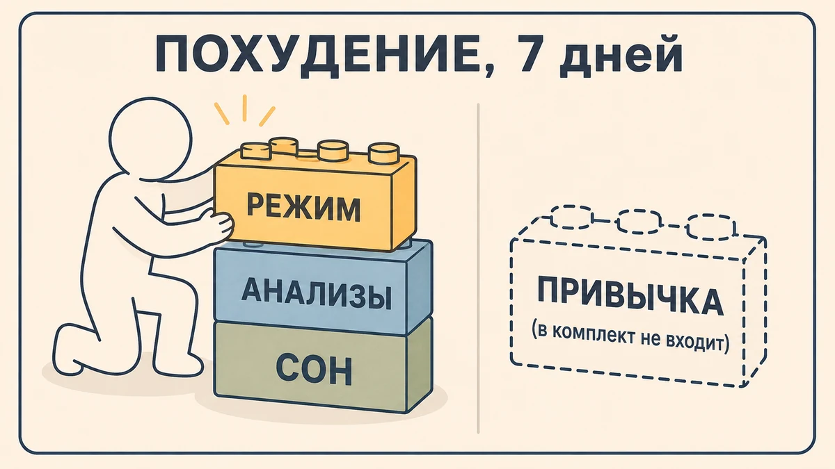 Инструкция по сборке: похудение за 7 дней юмористическая иллюстрация: инструкция по сборке похудения за 7 дней с недостающей деталью