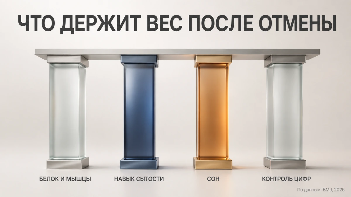 Четыре опоры удержания веса после отмены Как удержать вес после ГПП-1: четыре опоры — белок и мышцы, навык сытости, сон, контрольные цифры
