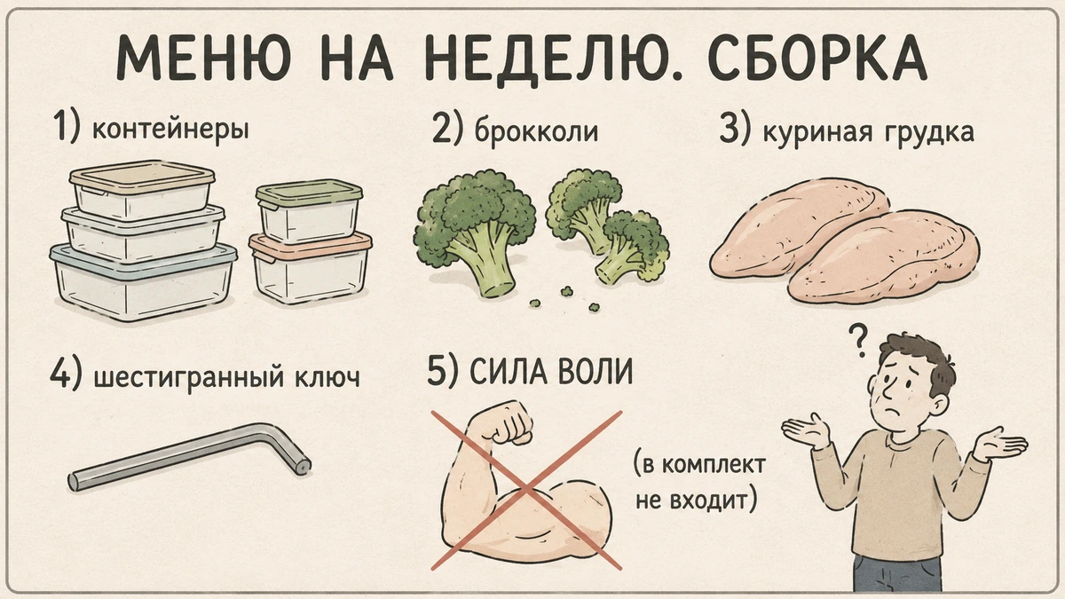 Шуточная иллюстрация: инструкция по сборке недельного меню в стиле мебельной схемы