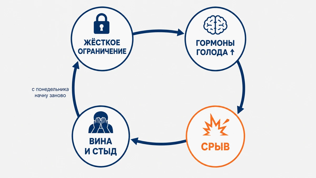 Петля срыва: ограничение — голод — срыв — вина схема петли срыва: почему нет силы воли похудеть при жёстком ограничении