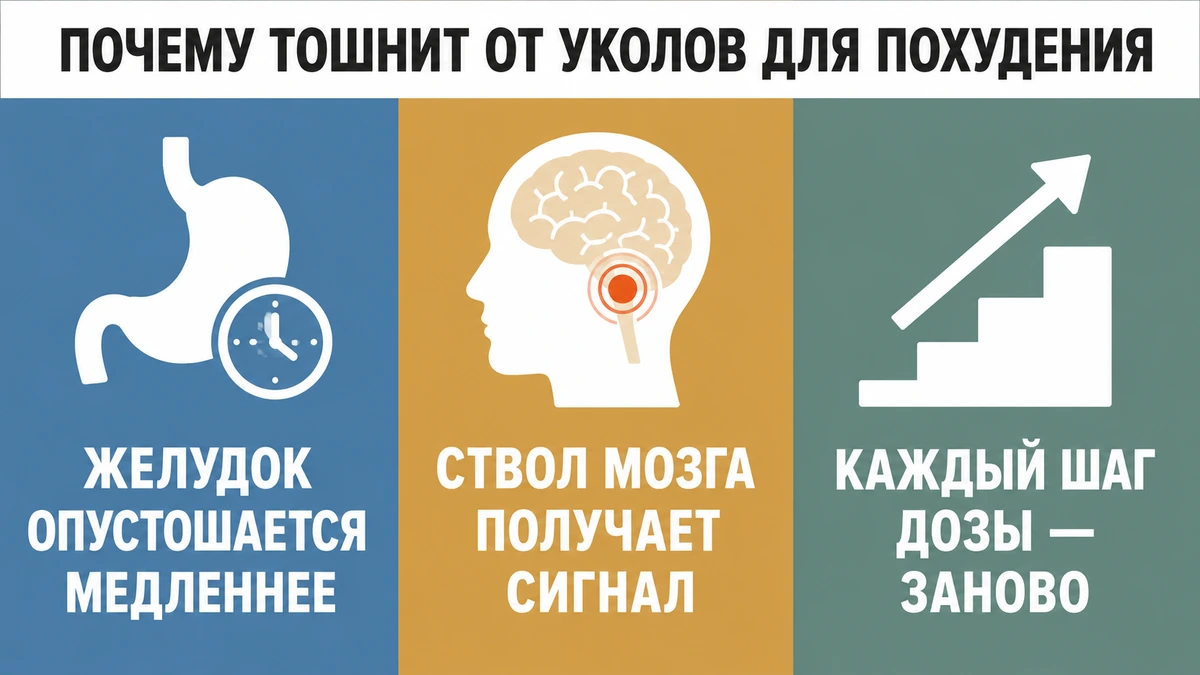 тошнота от уколов для похудения: три причины — замедленный желудок, стимуляция ствола мозга, скачок дозы