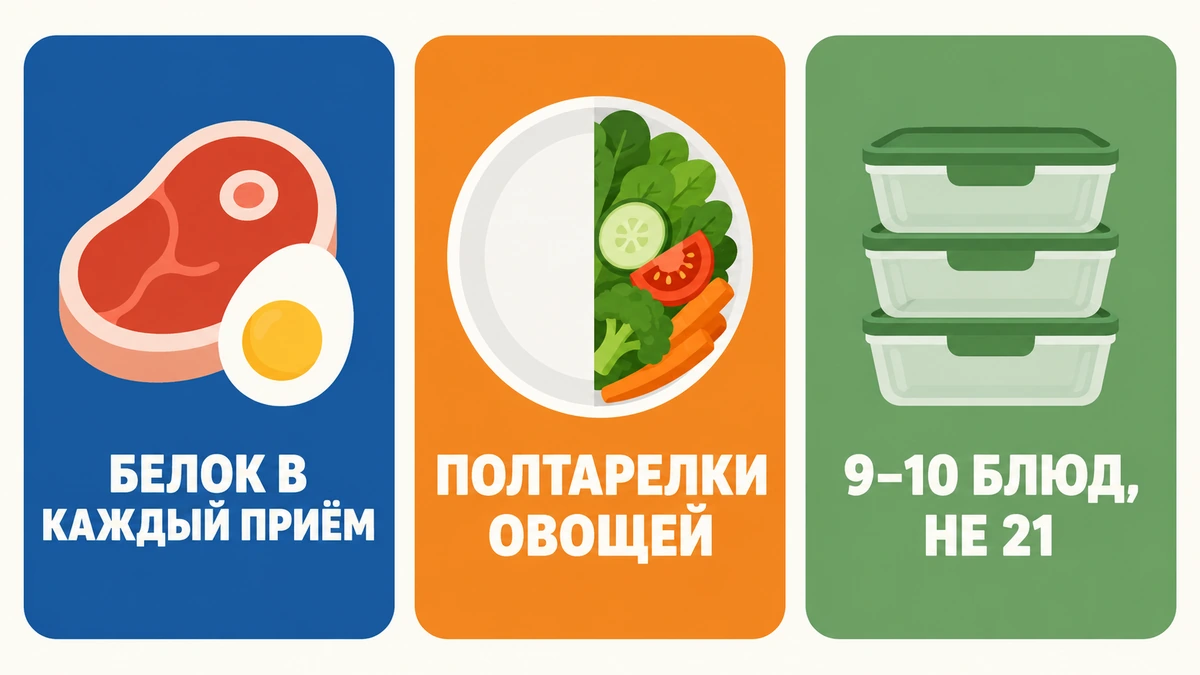 ПП меню на неделю: три опоры рабочего рациона — белок, овощи и повторяемость блюд