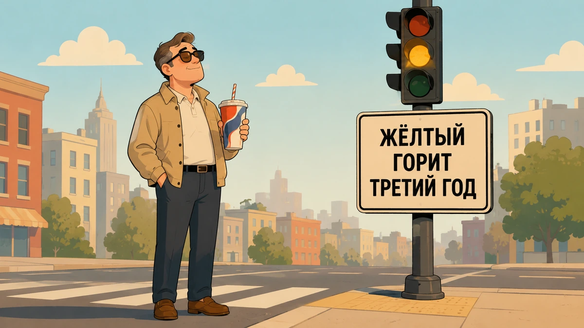 иллюстрация: мужчина со сладкой газировкой невозмутимо стоит на переходе под жёлтым сигналом светофора