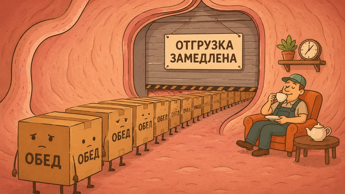 иллюстрация: желудок как склад с табличкой «отгрузка замедлена» и очередью коробок с едой