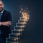 Самосаботаж в похудении: врач у стеклянной лестницы с надломленной верхней ступенью