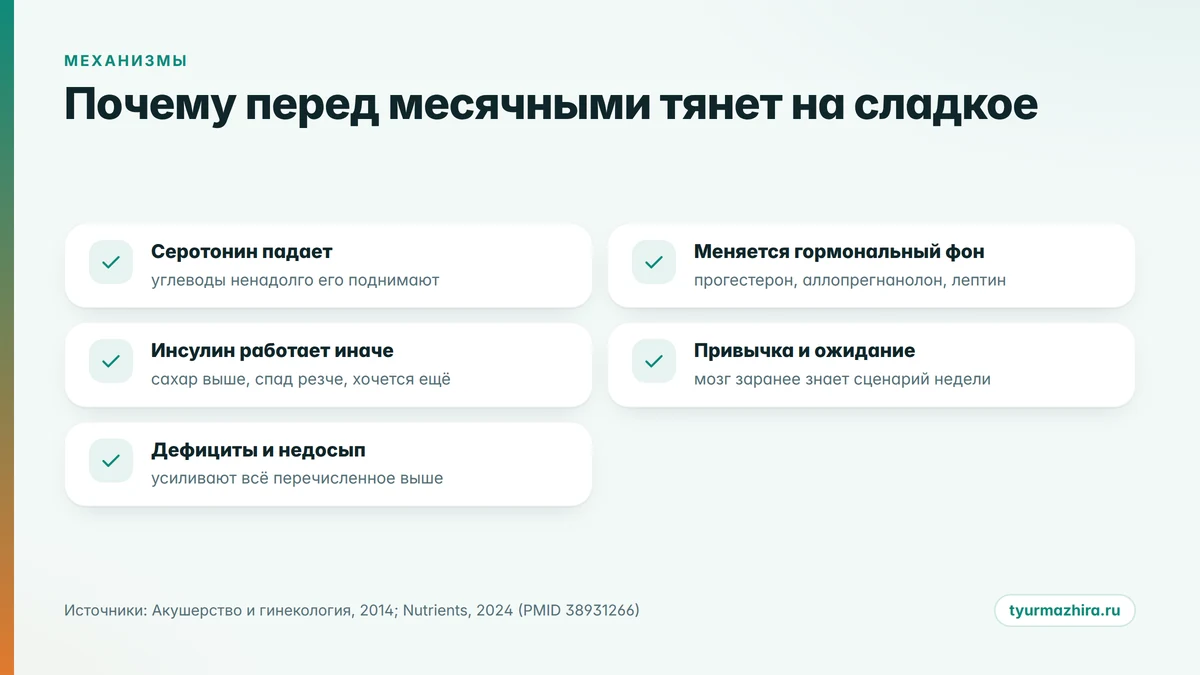 Пять механизмов предменструальной тяги к сладкому Почему перед месячными тянет на сладкое: серотонин, гормоны, инсулин, привычка, дефициты