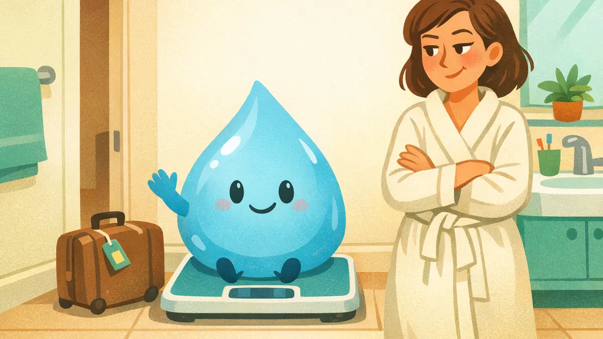 Капля воды с чемоданом сидит на весах в ванной, женщина смотрит на неё с усталым спокойствием